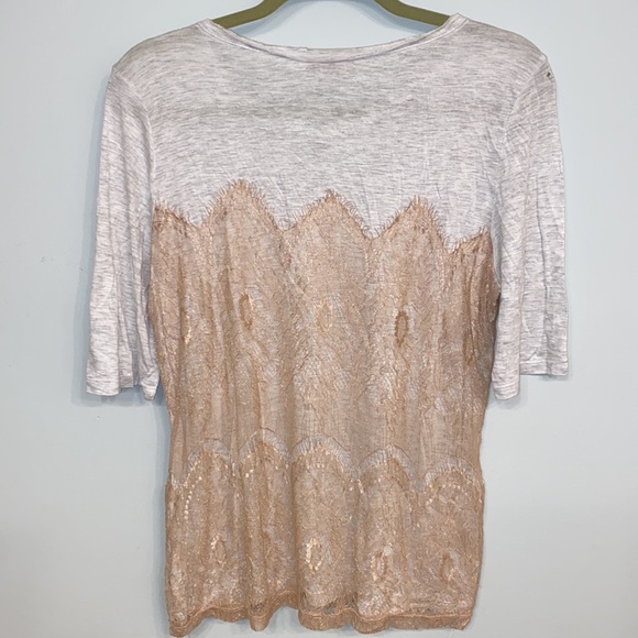 Anthropologie Bordeaux soft grey t-shirt with gold lace overlay, size M - Picture 5 of 5